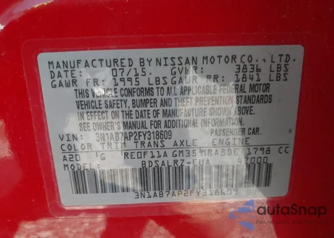 2015 Nissan Sentra Sr из США, поврежденный, VIN 3N1AB7AP2FY318609